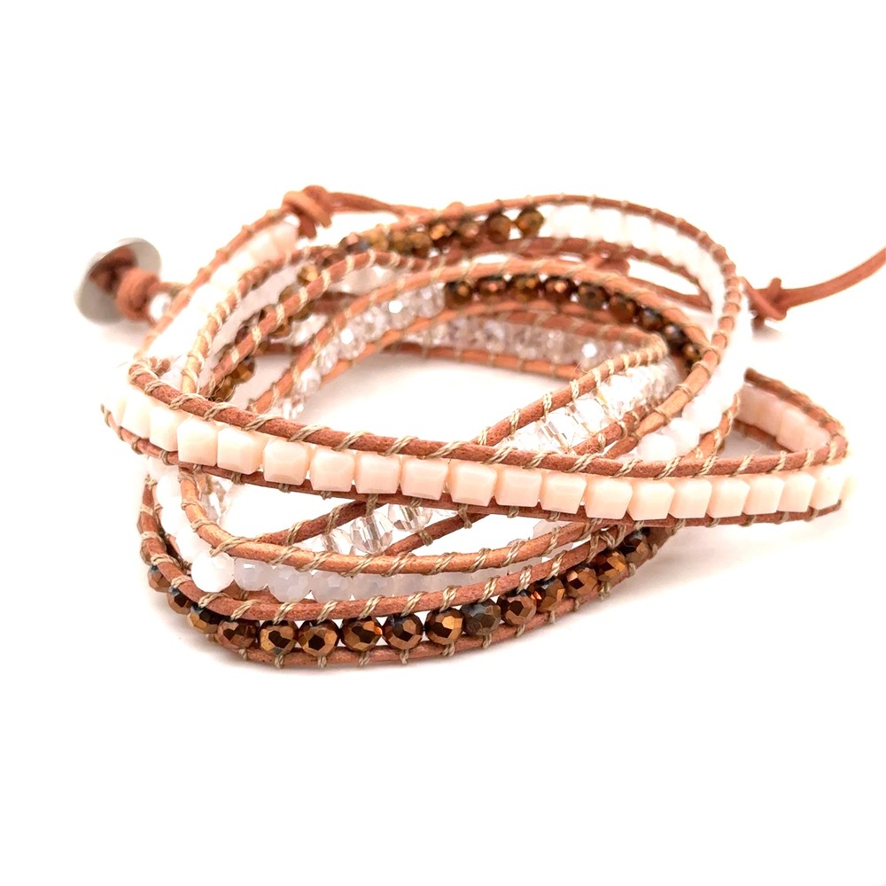 Victoria Emerson Boho Bead Wrap Bracelet Tan Leather Multi Layer Crystal Peach